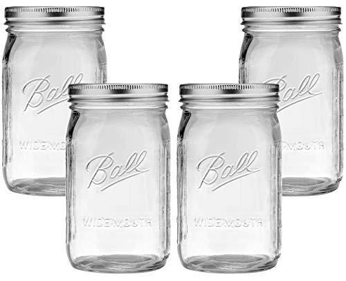 Bedoo Ball Wide Mouth Mason Jars 32 oz with Lids and Bands 4 PACK, Quart Mason Jars with Airtight Lids , Clear Glass Mason Jars -Set of 4- -Wide Mouth-
