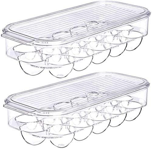 Slideep Stackable Plastic Covered Egg Tray Holder, Storage Container and Organizer for Refrigerator Carrier Bin with Lid and Handle Holds 16 Eggs - 2 Pack