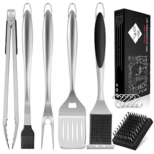 HaSteeL BBQ Grill Accessories 6PCS, Heavy Duty Barbecue Tools Set for Outdoor Grilling Cooking Camping, Stainless Steel Grill Spatula, Tong, Meat Fork, Basting Brush, Cleaning Brush, Mans Gift