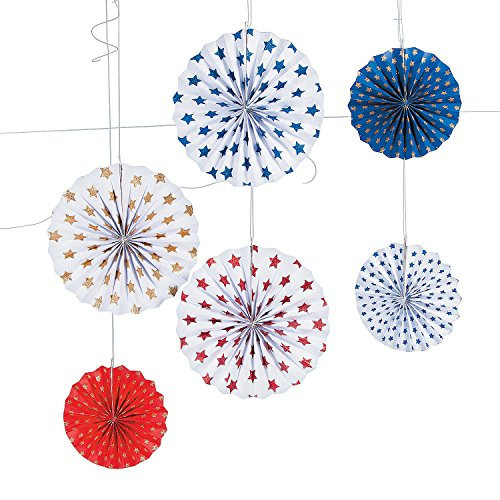 Fun Express - Patriotic Hanging Fan W/stars for Fourth of July - Party Decor - Hanging Decor - Lanterns - Fourth of July - 6 Pieces