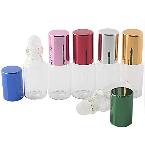 48pcs Clear Glass Essential Oil Roller Bottles with Glass Roller Balls Aromatherapy Perfumes Lip Balms Roll On Bottles 5ml 10ml -5ML, 6 colors-