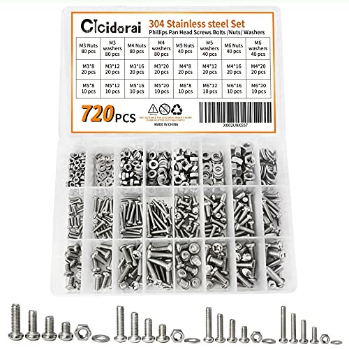 Cicidorai 720 Pcs M3 M4 M5 M6 304 Stainless Steel Phillips Pan Head Screws Bolts Flat Washers and Nuts Assortment Kit, Full Machine Thread, with Storage Box Cicidorai 720 Pcs M3 M4 M5 M6 304 Stainless Steel Phillips Pan Head Screws Bolts Flat Washers and Nuts Assortment Kit, Full Machine Thread, with Storage Box