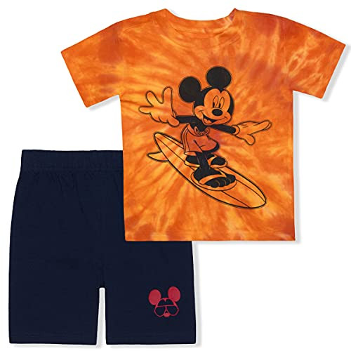 Disney 2 Pack Mickey Mouse Tie Dyed Short Sleeve Tee Shirt and Shorts Set for Boys, Size 18M Dark Orange