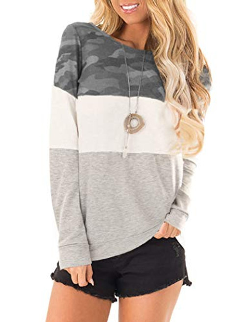 Color Block Shirts for Women Tunic Halife Camo Print Pullover Sweatshirts Grey S