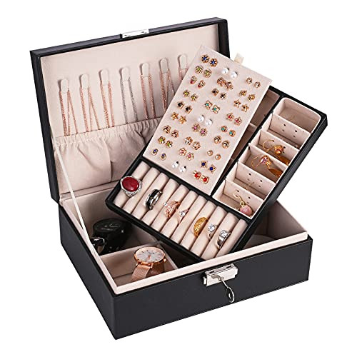 Jewelry Box for Women, UXCONGOID Travel Jewelry Organizer with Lock?2 Layer Jewelry Holder Display Storage Case for Earring Necklace Watch Ring-Black Jewelry Box for Women, UXCONGOID Travel Jewelry Organizer with Lock?2 Layer Jewelry Holder Display Storage Case for Earring Necklace Watch Ring-Black