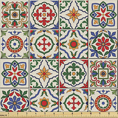 Ambesonne Moroccan Fabric by The Yard, Colorful Azulejo Pattern Portuguese Ornamental Abstract Floral Arrangements Leaves, Decorative Fabric for Upholstery and Home Accents, 2 Yards, Beige Blue