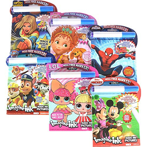 6-Pack Imagine Ink Magic Pictures Coloring Activity Books Set with Mess Free Marker - Mickey Mouse, Spiderman, LOL, Paw Patrol, Fancy Nancy, Captain Marvel, Wonder Park -Variety-