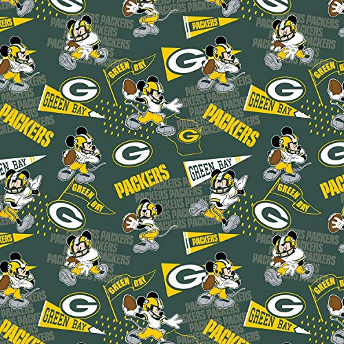NFL Mickey Disney Mash Up Fabric Green Bay Packers Fabric NFL Football in Green 44" Wide 100 percent Cotton Fabric by The Yard