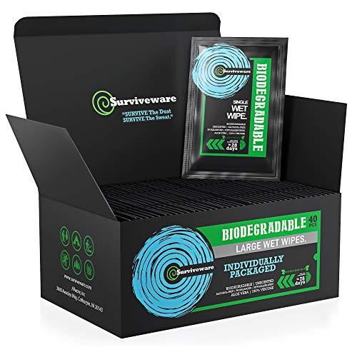 Surviveware Biodegradable Individually Wrapped Wet Wipes, Rinse-Free Shower for Post Workout and the Outdoors, 40 Count