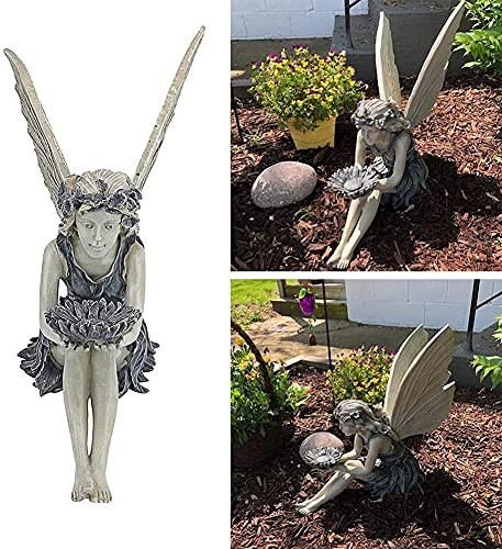 Sitting Magic Fairy Statue Garden Ornament, Sitting Elves Garden Figures, Tudor and Turek Sitting Fairy Statue, Antique Resin Craft Landscaping Yard Decoration Garden Elf Statue Figure Fairy -A-