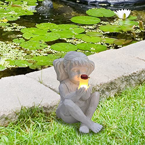Kids with Solar Fireflies Garden Statues, Garden Children Solar Lighted Firefly Jar Boy Girl Statue, Whimsical Flowerbed Yard Outdoor Sculpture Decor?Girl Statue