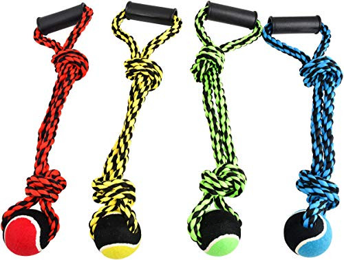 Multipet International 29524 20" Nuts for Knots 2-Knot Rope Tug W/Tennis Ball  and  Handle Assorted Colors