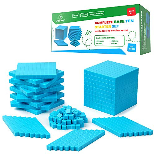 Simply Magic 131 PCS Base Ten Blocks for Math - Place Value Blocks, Base 10 Math Manipulatives K-3, Math Counters, Number Blocks, Kids Math Cubes, Counting Blocks, Kindergarten 1st 2nd 3rd Grade, Blue