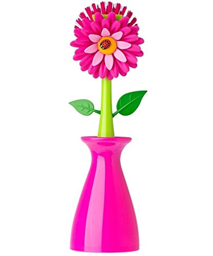 Vigar Flower Power Pink Dish Brush with Vase, 10-Inches, Pink, Green