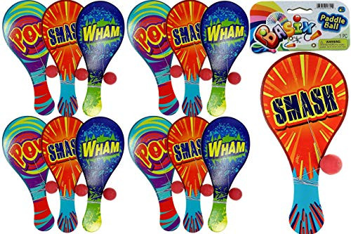 JA-RU Wood Paddle Ball with String -12 Packs- Real Quality Paddle Balls Classic Game Toy. Plus 1 Bouncy Ball - Item -751-12p