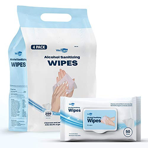 WeCare Alcohol Sanitizing Wipes - 200 Count - 75 percent Alcohol Hand Sanitizer Wipes - Large Cleansing Alcohol Wet Wipe - 4 Packs of 50