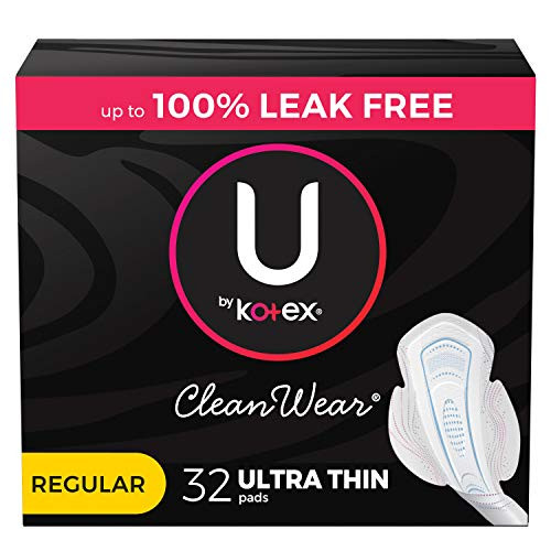 U by Kotex CleanWear Ultra Thin Feminine Pads with Wings, Regular Absorbency, 32 Count