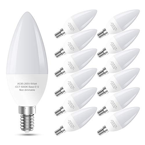 Chandelier Light Bulbs 60 Watt Equivalent, Candelabra LED Bulbs Long Lifespan, E12 Candle Base Bulb for Ceiling Fan, Refrigerator, Daylight 5000K, 550 Lumens, Non-dimmable, 12-Pack
