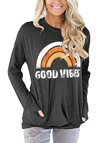 MODARANI Dark Gray Long Sleeve Shirt Women Good Vibes Rainbow T Shirt Casual XXL