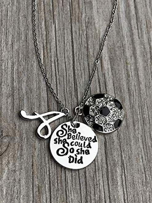 Soccer She Believed She Could So She Did Necklace with Letter Charm, Girls Custom Soccer Jewelry Gifts for Soccer Players  and  Teams