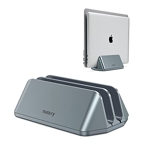 Nulaxy Vertical Laptop Stand, Space Saving Desktop MacBook Vertical Stand with Double Adjustable Docks, Aluminum Laptop Holder Fits All MacBook/iPad/Laptop up to 17.3 inches, Grey