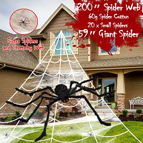 Halloween Decorations Outdoor, 200" Spider Web, 59" Giant Spider, 130sqft Stretch Cobwebs, 20 Small Plastic Spiders, Halloween Outdoor Scary Decorations Yard Home Outside Parties House Decor