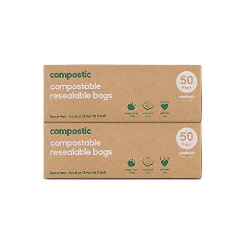 Compostic Home Compostable Resealable Sandwich Bags - Eco Friendly, Reusable, Zero Waste, Non-toxic, Guilt-Free - Plastic Alternative for Earth Friendly Food Storage - -7"x7"- 50 Bags -2 Pack-