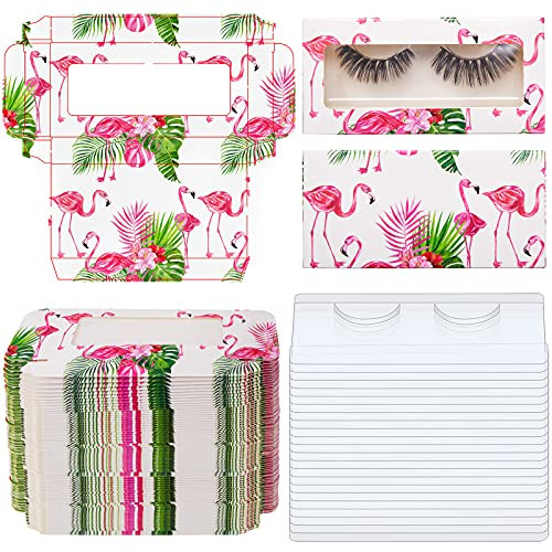 100 Pieces Empty Eyelashes Packaging Box, 50 Paper Lash Storage Eyelash Holder Case Eyelashes Container with 50 Tray for False Eyelash Care, Cosmetic Tools -Flamingo Pattern-