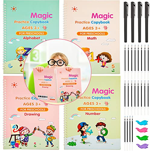 4 Pieces Large English Magic Practice Copybook Handwriting Copybook Reusable Calligraphy Copybook with 4 Pens and 20 Refills for Preschoolers Number Alphabet Drawing Math Tracing Book -Style 1-