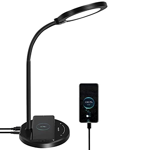 Desk Lamp with Wireless Charger, LED Desk lamp with USB Charging Port, 5 Lighting Modes 10 Brightness Levels, Sensitive Control Eye-Caring Office Lamp Black