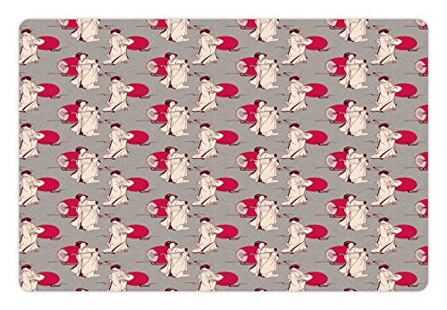 Lunarable Japanese Pet Mat for Food and Water, Geisha with Paper Umbrella and Hand Fan on a Greyscale Background, Rectangle Non-Slip Rubber Mat for Dogs and Cats, Grey Beige and Ruby