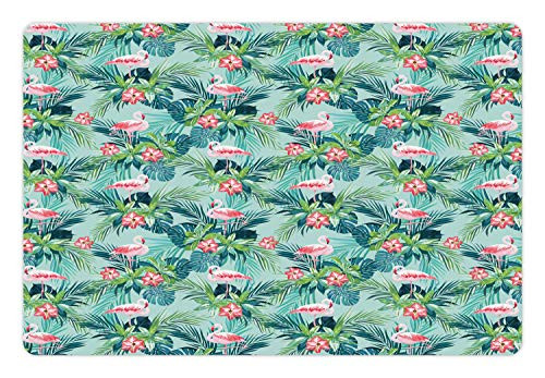 Lunarable Flamingo Pet Mat for Food and Water, Tropical Jungle with Hibiscus Flora Monstera Fan Palm Leaves, Non-Slip Rubber Mat for Dogs and Cats, 18" X 12", Dark Coral Dark Teal and Seafoam Lunarable Flamingo Pet Mat for Food and Water, Tropical Jungle with Hibiscus Flora Monstera Fan Palm Leaves, Non-Slip Rubber Mat for Dogs and Cats, 18" X 12", Dark Coral Dark Teal and Seafoam