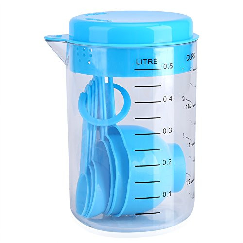 GLOGLOW 7Pcs/Set Plastic Measuring Cups + Spoons Measure Tea Coffee Kitchen Utensil Blue
