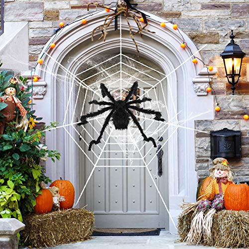 126 in Halloween Spider Web  plus 59 inch Giant Spider Decorations Fake Spider with Tarantula Mega Spider Web Hairy Poseable Scary Spider for Indoor Outdoor Halloween Decorations Yard Home Costumes Partie