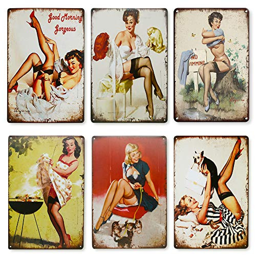 QUMENEY 6PCS Vintage Metal Tin Wall Sign Plague Poster, Sexy Pinup Girl Black Stockings Temptation Pattern Wall Decor Art Tin Sign for Cafe Bar Pub Beer -30x20cm/ 11.8x7.9in-