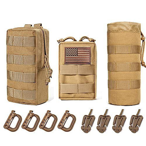 Upgraded Sports Water Bottles Pouch Bag, Tactical Drawstring Molle Water Bottle Holder Tactical Pouches, Travel Mesh Water Bottle Bag Tactical Hydration Carrier -Tan-3Pouch-