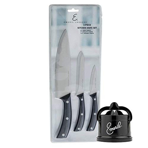 Emeril Lagasse 3-Piece Stamped Kitchen Knife Set - 8 Chef Knife, 5 Serrated Utility Knife, and 3.5 Paring Knife plus Tungsten Carbide Countertop Sharpener -Black- - Effortlessly Slice Fruits and Meats Emeril Lagasse 3-Piece Stamped Kitchen Knife Set - 8 Chef Knife, 5 Serrated Utility Knife, and 3.5 Paring Knife plus Tungsten Carbide Countertop Sharpener -Black- - Effortlessly Slice Fruits and Meats