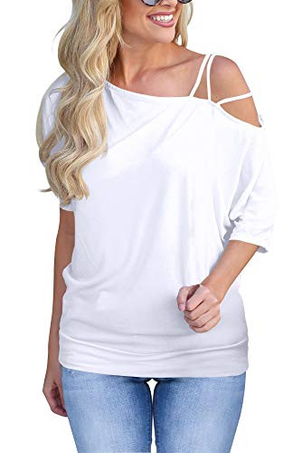Short Sleeve Shirts for Women Hollowed Out Shoulder Loose Tunic Blouse White XXL