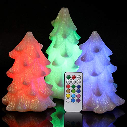 Wondise Color Changing Flameless Flickering Candles Battery Operated with Remote and Timer, Set of 3 Christmas Tree Shaped Real Wax LED Candles Christmas Home Decoration-Ivory-