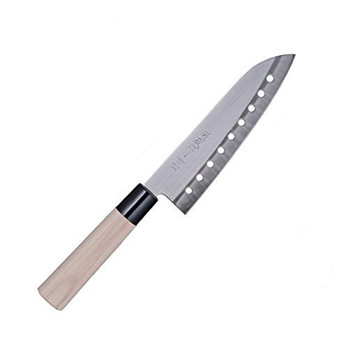 Hinomaru Collection Sekizo Japan Quality Stainless Steel Santoku Multi Purpose Chefs Knife 11.75" Itamae Sushi Chef Knife With Wooden Handle Made In Japan -Blade with Holes-