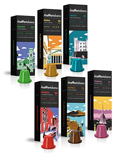 Il Caffe Italiano Coffee, Capsules Compatible with Nespresso OriginalLine, Certified Genuine Tour D'Italia Variety Pack, 60 Espresso Pods, Roasted in Sicily, Happiness Guaranteed Il Caffe Italiano Coffee, Capsules Compatible with Nespresso OriginalLine, Certified Genuine Tour D'Italia Variety Pack, 60 Espresso Pods, Roasted in Sicily, Happiness Guaranteed