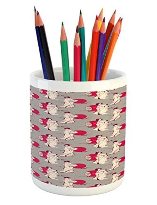 Lunarable Japanese Pencil Pen Holder, Geisha with Paper Umbrella and Hand Fan on a Greyscale Background, Printed Ceramic Pencil Pen Holder for Desk Office Accessory, Grey Beige and Ruby Lunarable Japanese Pencil Pen Holder, Geisha with Paper Umbrella and Hand Fan on a Greyscale Background, Printed Ceramic Pencil Pen Holder for Desk Office Accessory, Grey Beige and Ruby