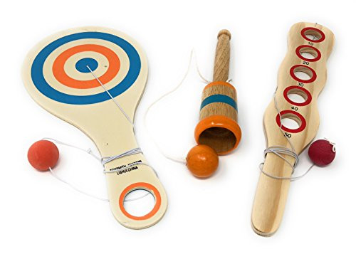 Toysmith Wooden Classic Game Collection Set  Wooden Catch Ball, Bounce Back Paddle Ball, and Wood Paddle Game -Color May Vary-