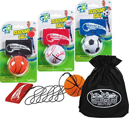 Matty's Toy Stop Toysmith Sports Rebound Balls -Basketball, Soccer  and  Baseball- Gift Set Party Bundle Storage Bag - 3 Pack