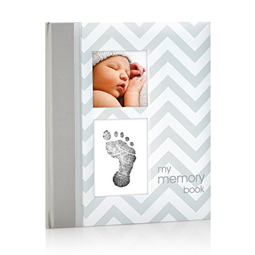 Pearhead First 5 Years Chevron Baby Memory Book with Clean-Touch Baby Safe Ink Pad to Make Babys Hand or Footprint Included, Gray Chevron