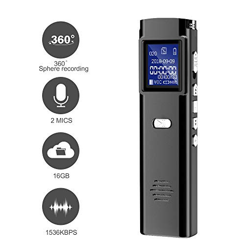 Digital Voice Recorder - 16GB Audio Voice Activated Recorder Rechargeable, 1536Kbps Portable Dictaphone, MP3 Player for Lectures, Meetings, Interviews, Class (16GB)