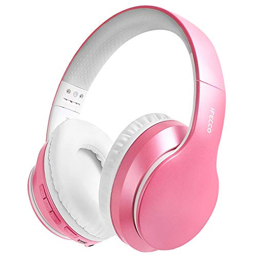 IFECCO Bluetooth Headphones with Mic, Wireless Headset Over-Ear with Deep Bass, Soft Protein Earpads, Foldable Wired/Wireless HiFi Stereo Headphones for TV, Travel, Home, Office -Rose Pink-