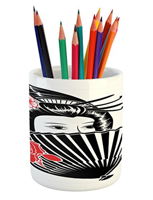 Lunarable Japanese Pencil Pen Holder, Portrait of Japanese Lady Covered Her Face with Fan Feminine Graphic Work, Printed Ceramic Pencil Pen Holder for Desk Office Accessory, Black Red Lunarable Japanese Pencil Pen Holder, Portrait of Japanese Lady Covered Her Face with Fan Feminine Graphic Work, Printed Ceramic Pencil Pen Holder for Desk Office Accessory, Black Red