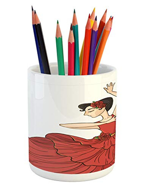 Lunarable Argentina Pencil Pen Holder, Woman in Red Dress Performing Flamenco Dancend Folding Fan, Printed Ceramic Pencil Pen Holder for Desk Office Accessory, Dark Coral Taupe Champagne Lunarable Argentina Pencil Pen Holder, Woman in Red Dress Performing Flamenco Dancend Folding Fan, Printed Ceramic Pencil Pen Holder for Desk Office Accessory, Dark Coral Taupe Champagne