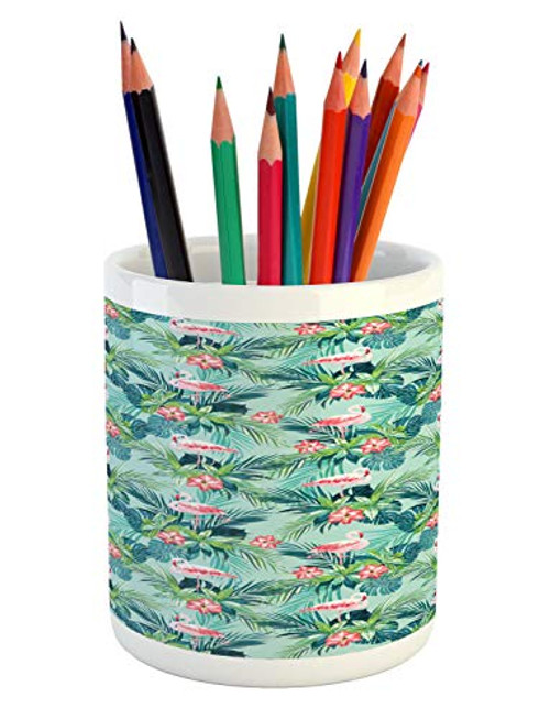 Lunarable Flamingo Pencil Pen Holder, Tropical Jungle with Hibiscus Flora Monstera Fan Palm Leaves, Ceramic Pencil Holder for Desk Office Accessory, 3.6" X 3.2", Dark Coral Dark Teal and Seafoam Lunarable Flamingo Pencil Pen Holder, Tropical Jungle with Hibiscus Flora Monstera Fan Palm Leaves, Ceramic Pencil Holder for Desk Office Accessory, 3.6" X 3.2", Dark Coral Dark Teal and Seafoam